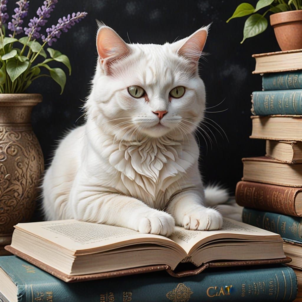 Whimsical White Cat Surrounded by Vintage Books and Cozy Ele...