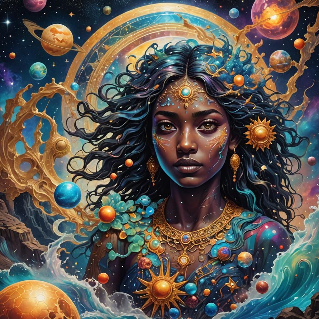 Astral Water Buffalo and Moonlit Bath: Cosmic Illustration