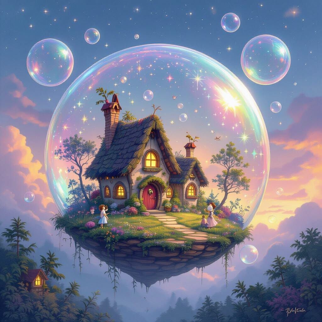 Fairy Village in Iridescent Bubbles, Ethereal Illustration