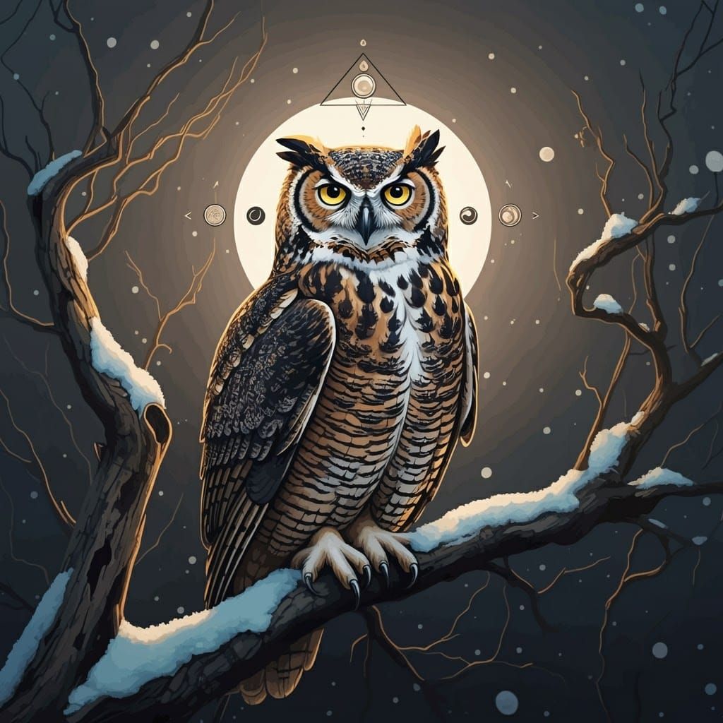 Great Horned Owl on a snowy branch in a sycamore tree. Extra...