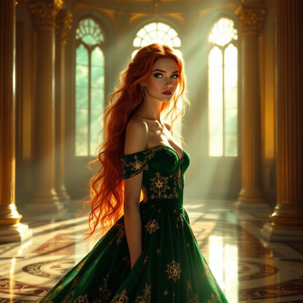 Ethereal Princess in Emerald Velvet Ball Gown
