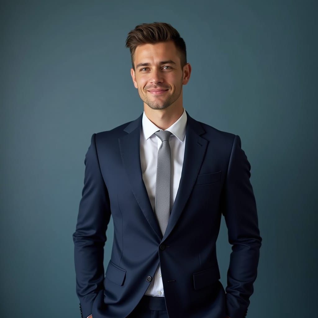 Confident British Gentleman in Navy Suit