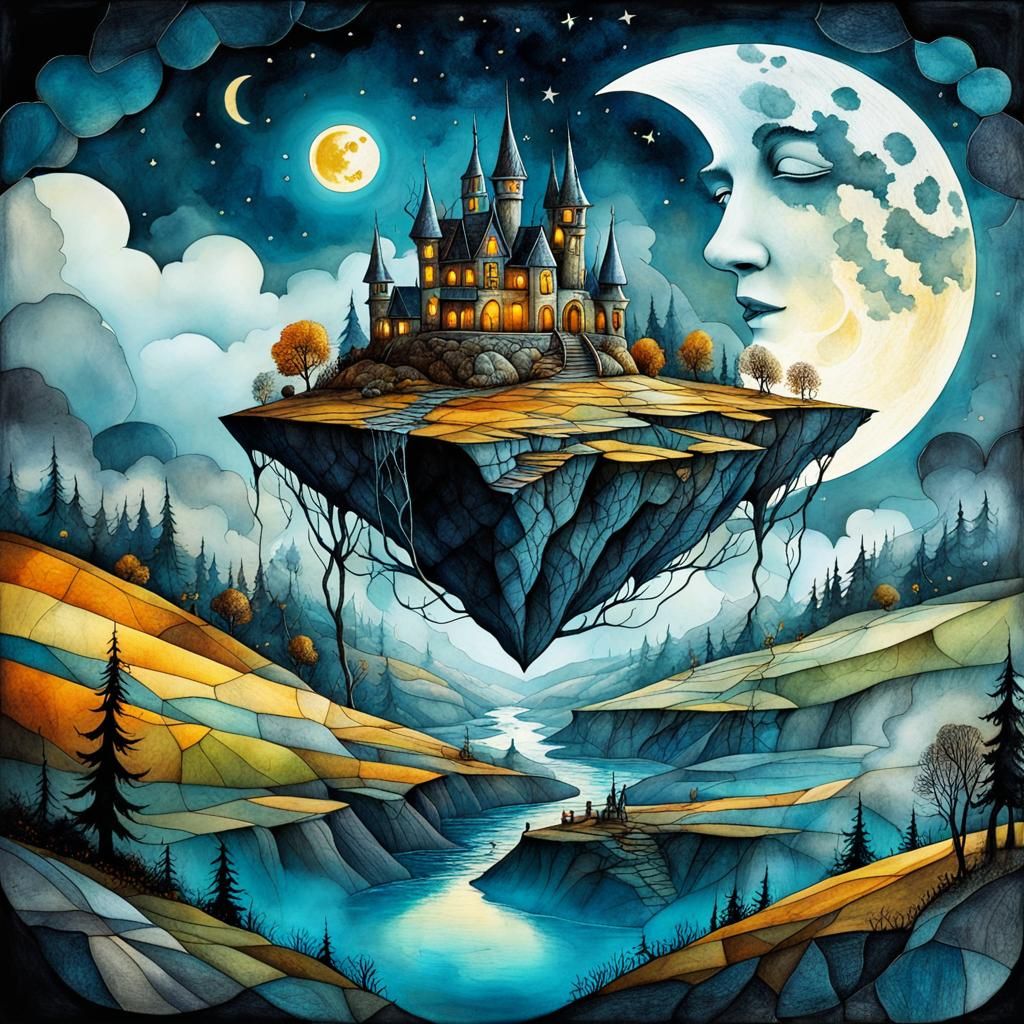 Mythological Fantasy Dreamscape on Cracked Paper