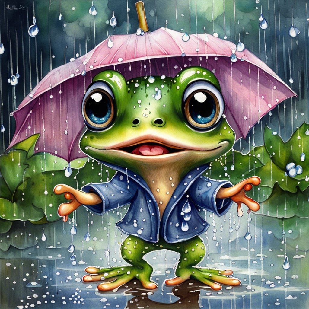 Happy Frog Dancing in Rain, Watercolor Painting