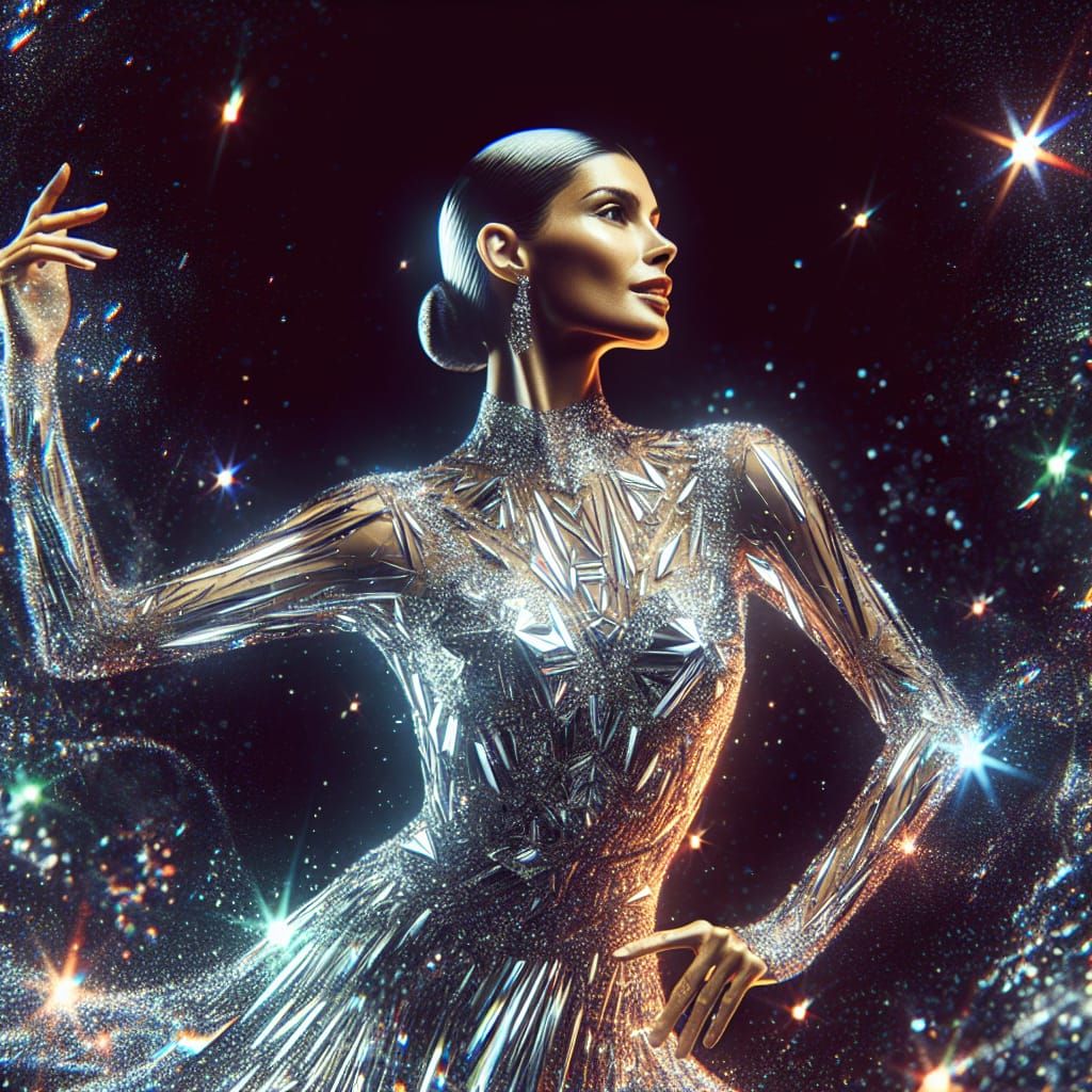 Glass Dress Dancer with Starry Night Background