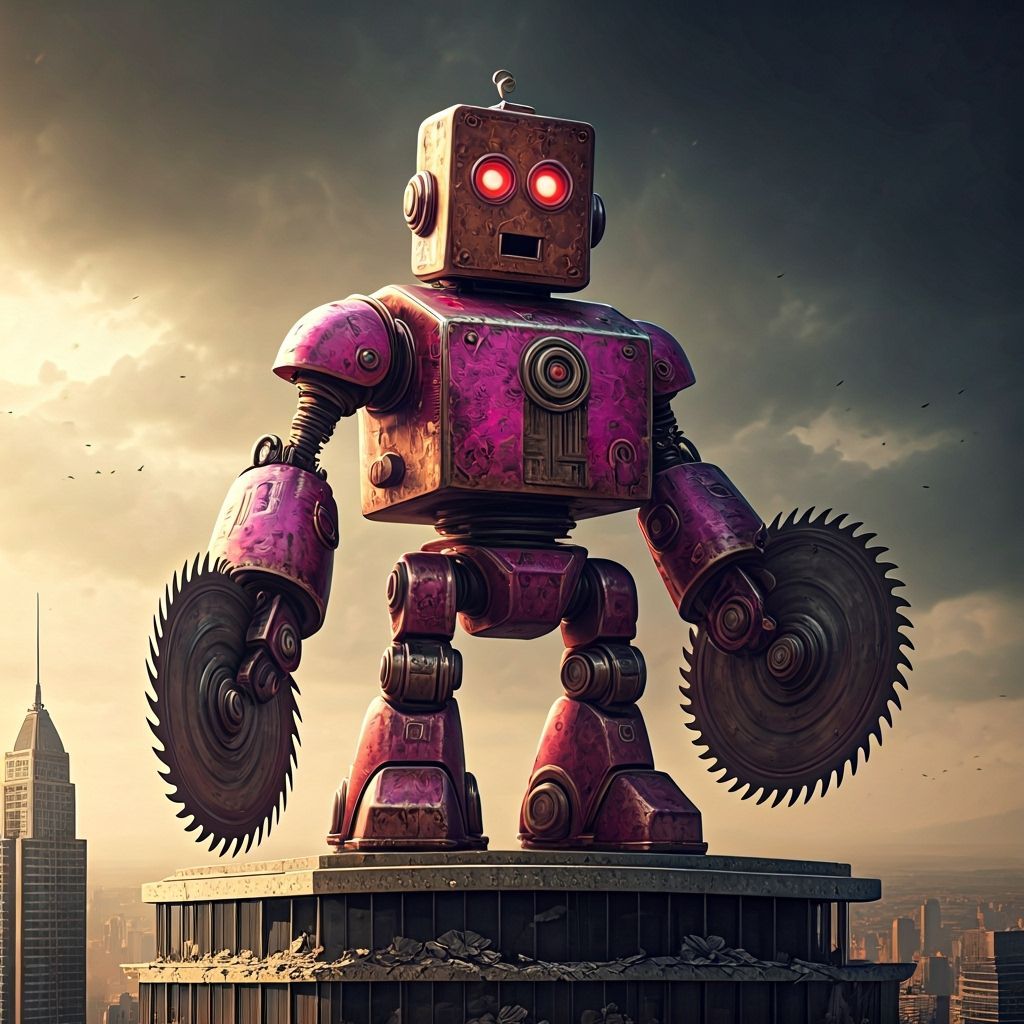 Scrap Robot on Ruined Skyscraper in Retro-Futuristic Style
