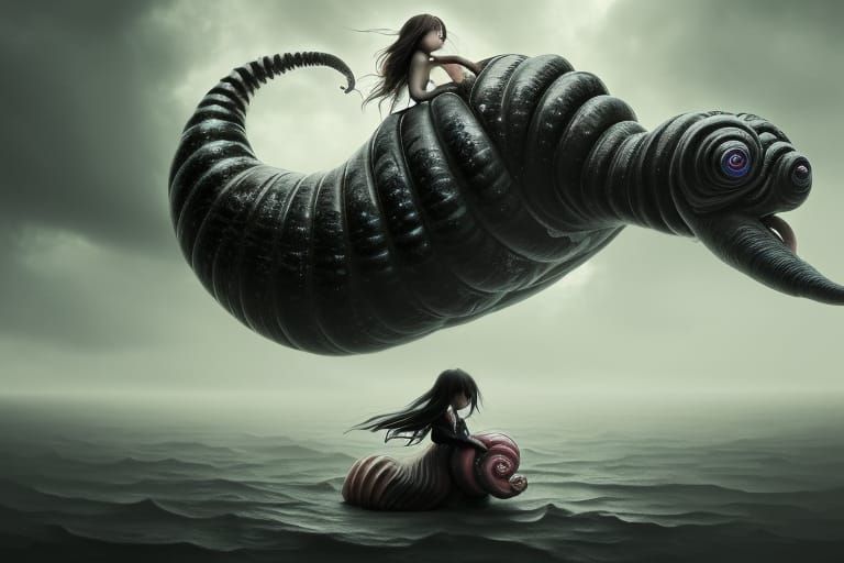 Girl toddler riding giant snail