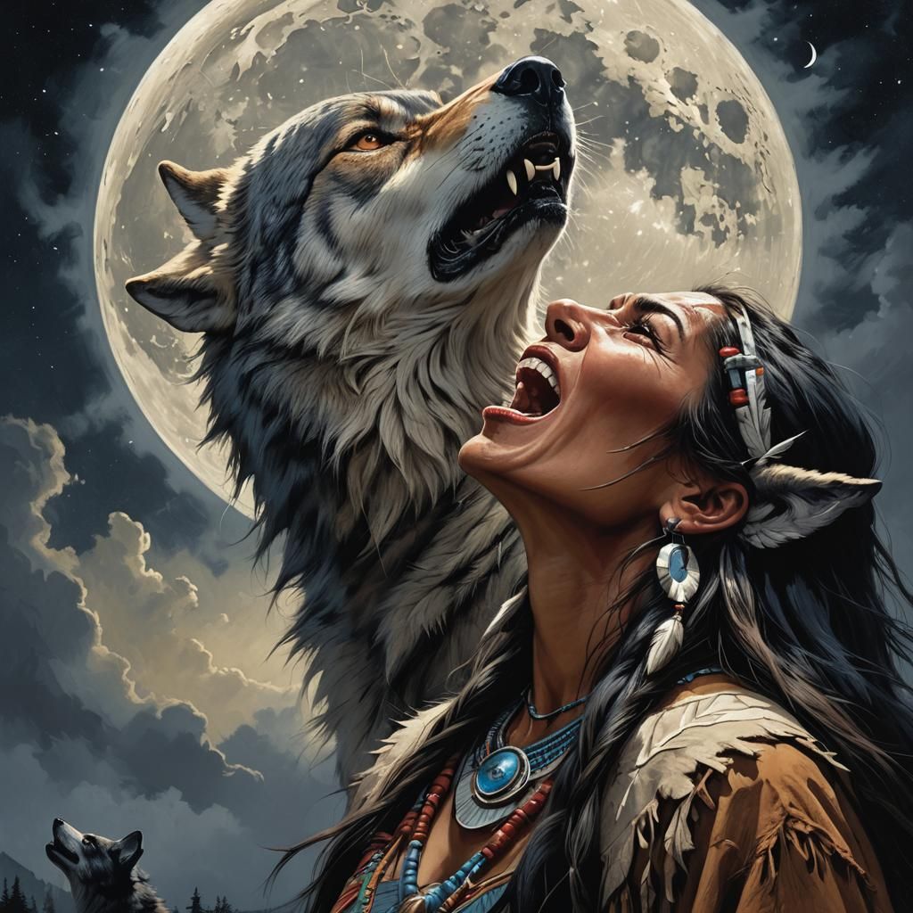 Native American Woman Howling at Moon in Sinister Style