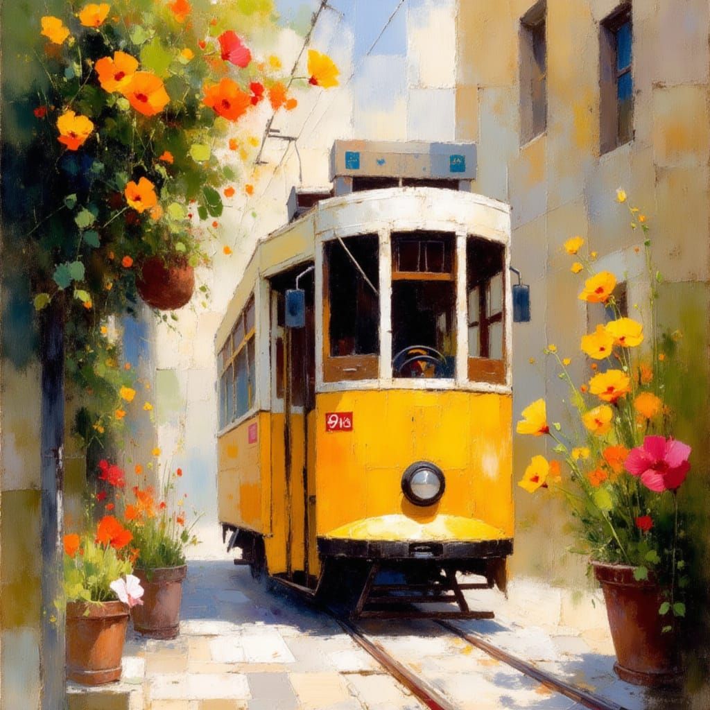 Vibrant Impressionist Tram Scene in Spring