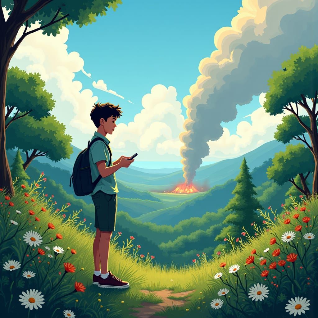 Anime Style: Young Man Contemplates Nature's Destruction