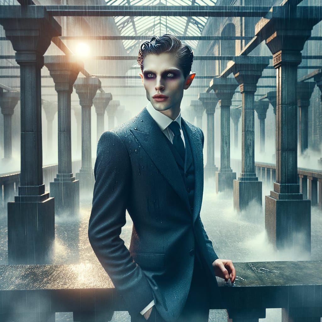 Vampire on Gothic Terrace in Dramatic Rain