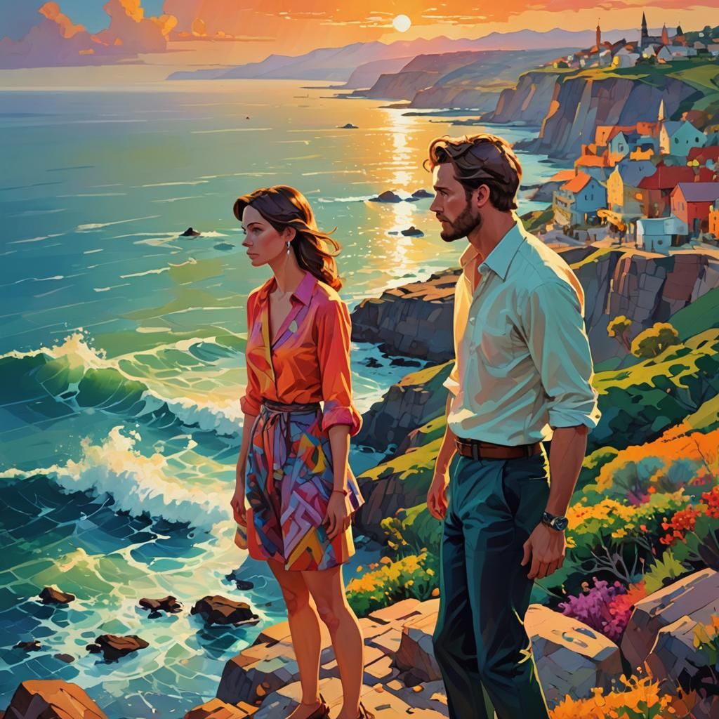 Couple Gazing at Sea in Vibrant Cartoon Style