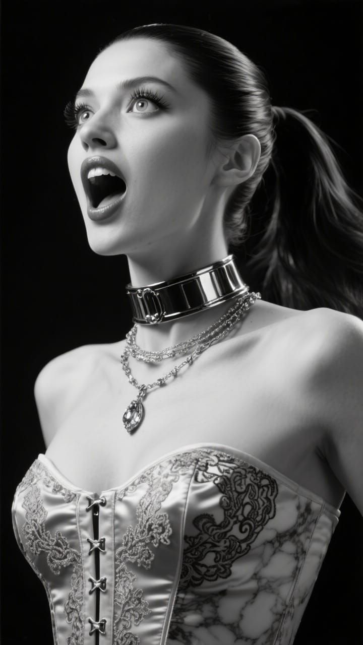 Monochrome Portrait of Woman in Exaggerated Surprise