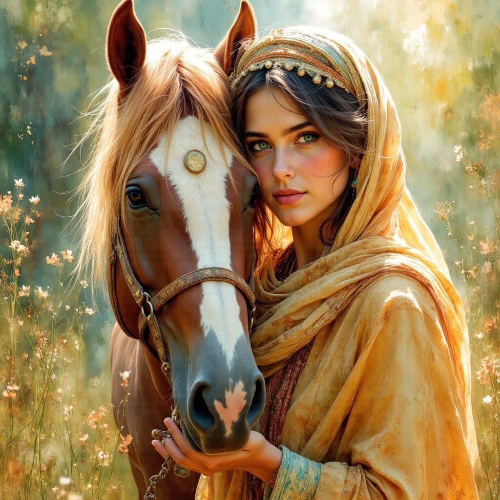 Nomadic Woman and Appaloosa Horse in Oil Painting Style