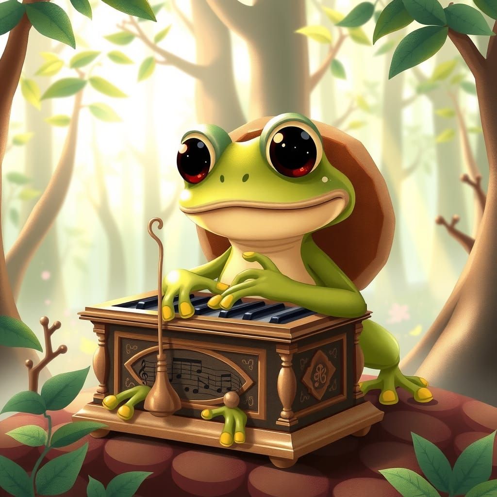 Whimsical Frog Plays Music Box in Dreamlike Forest