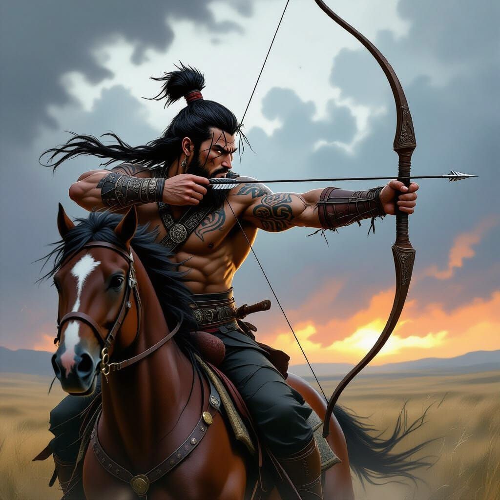 Mongol Warrior Aims Bow on Horseback