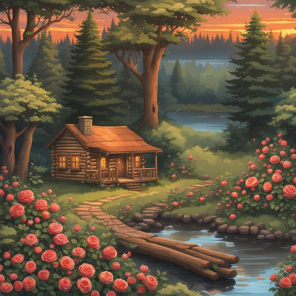 Log Cabin in Sunset Woods Landscape