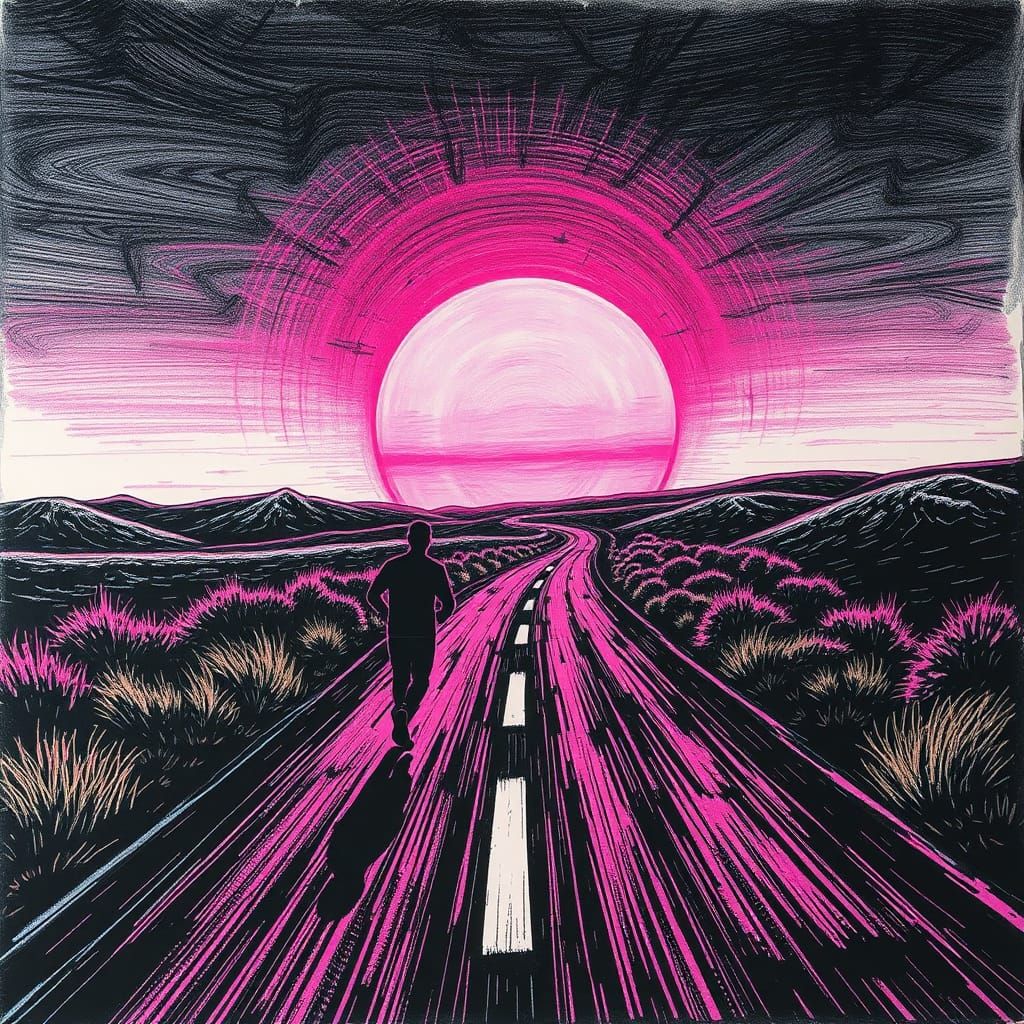 Man Runs Toward Sunset: Surreal Fine Line Art