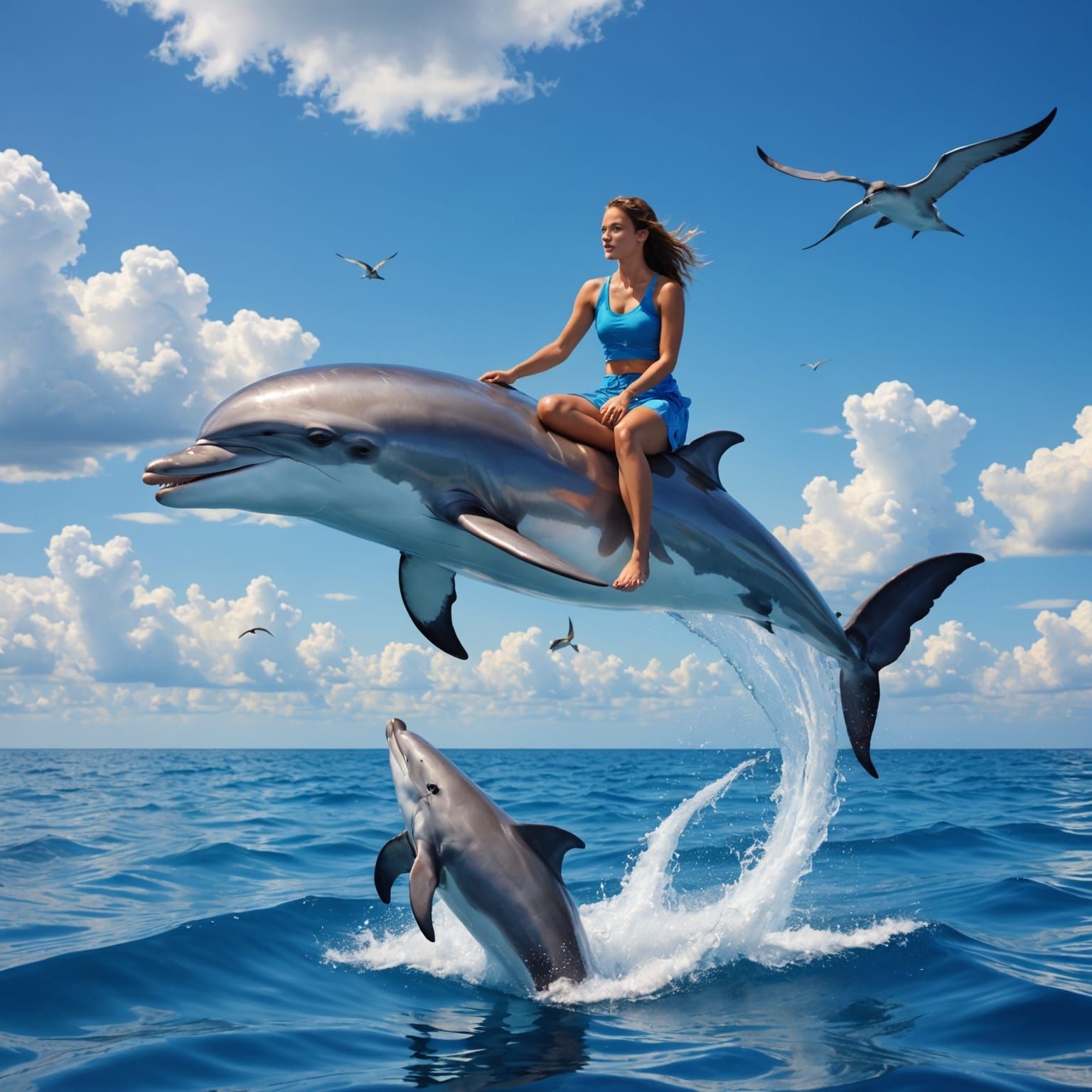 Girl and Dolphin Adventure on the Blue Sea