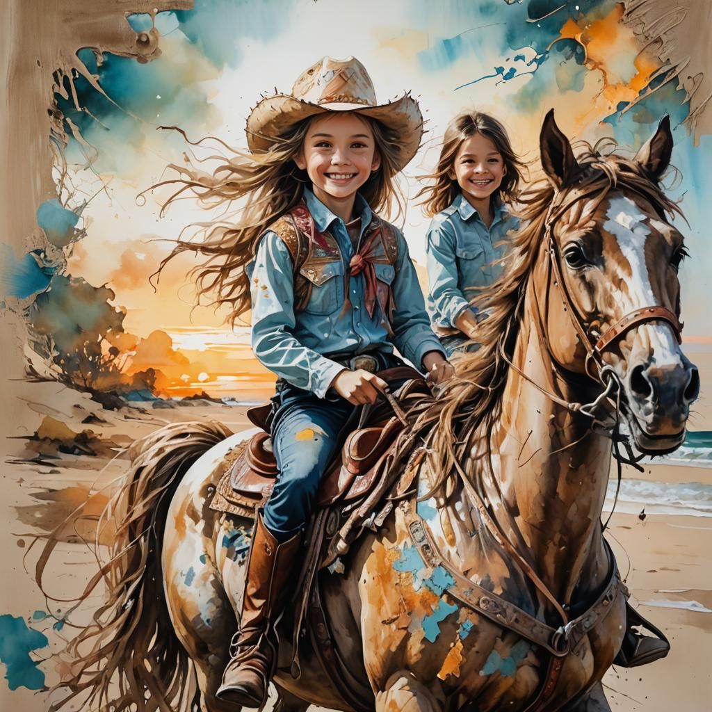 Cowgirl's Sunrise Ride: Stylized Art with Organic Textures