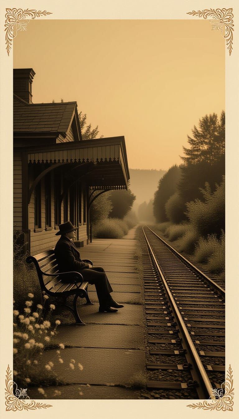 Vintage Train Station at Twilight with Lone Traveler