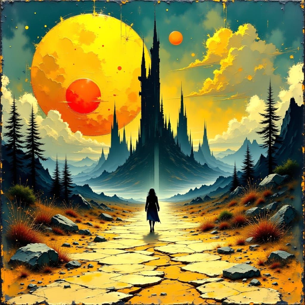 Sci-Fi Tower Under Distressed Sun in Impasto Style