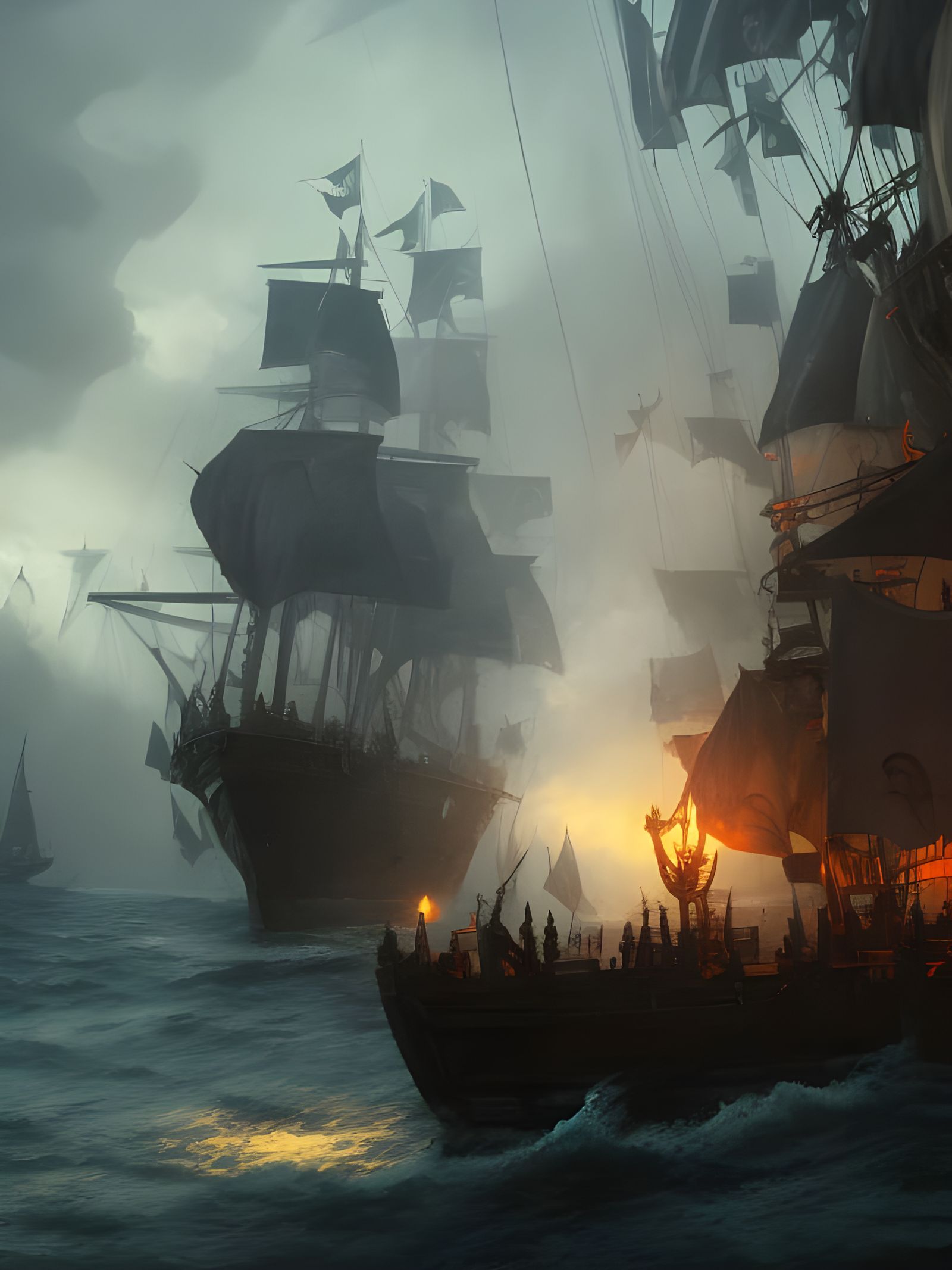 Pirate Ship with Jolly Roger Flag, Dark Fantasy Art