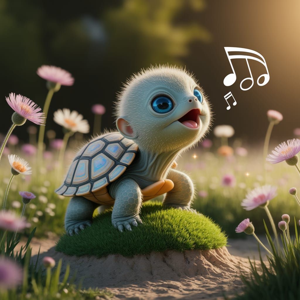 Fluffy Turtle Sings Opera in Meadow, Digital Art