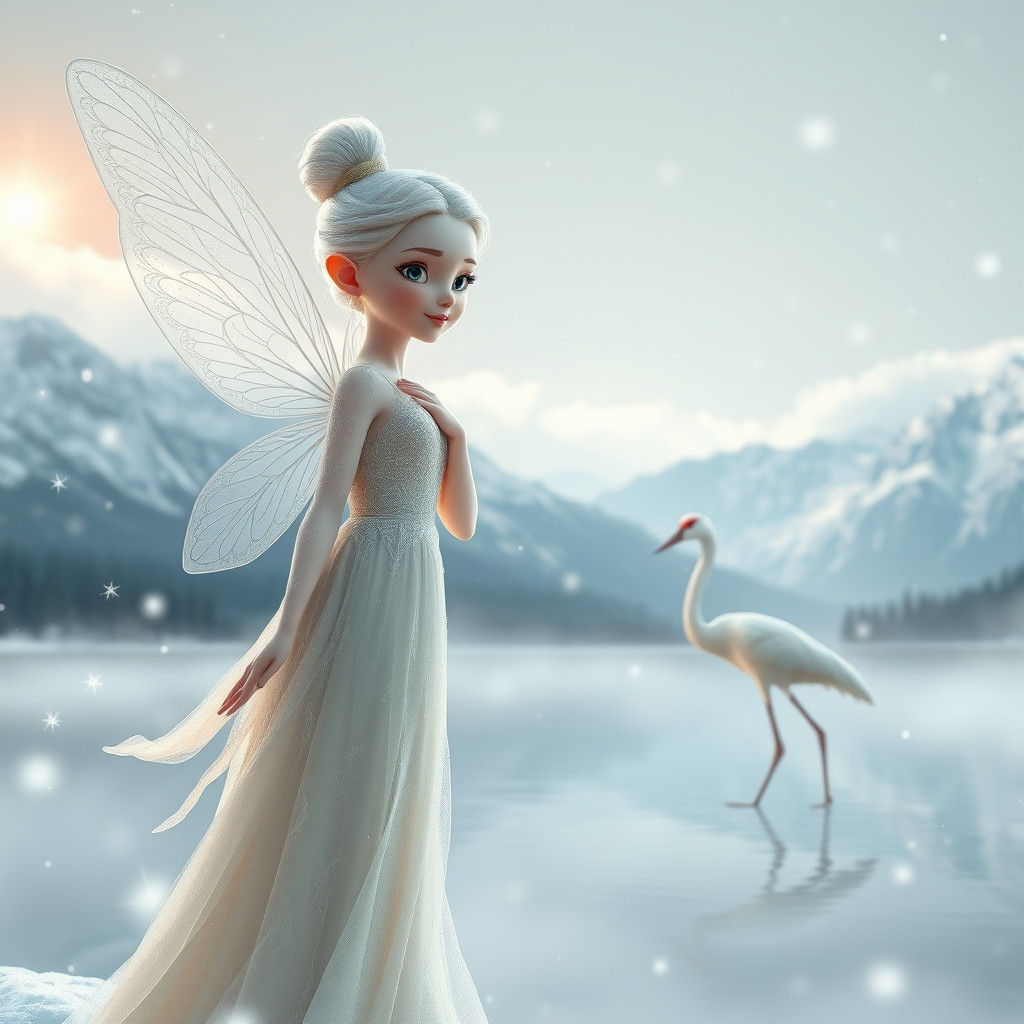 Ethereal Fairy with Crane in Dreamlike Winter Landscape