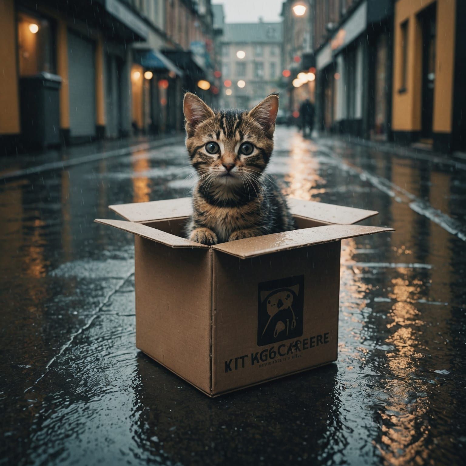 Kitten Seeks Shelter on Rainy Street: Cinematic Still