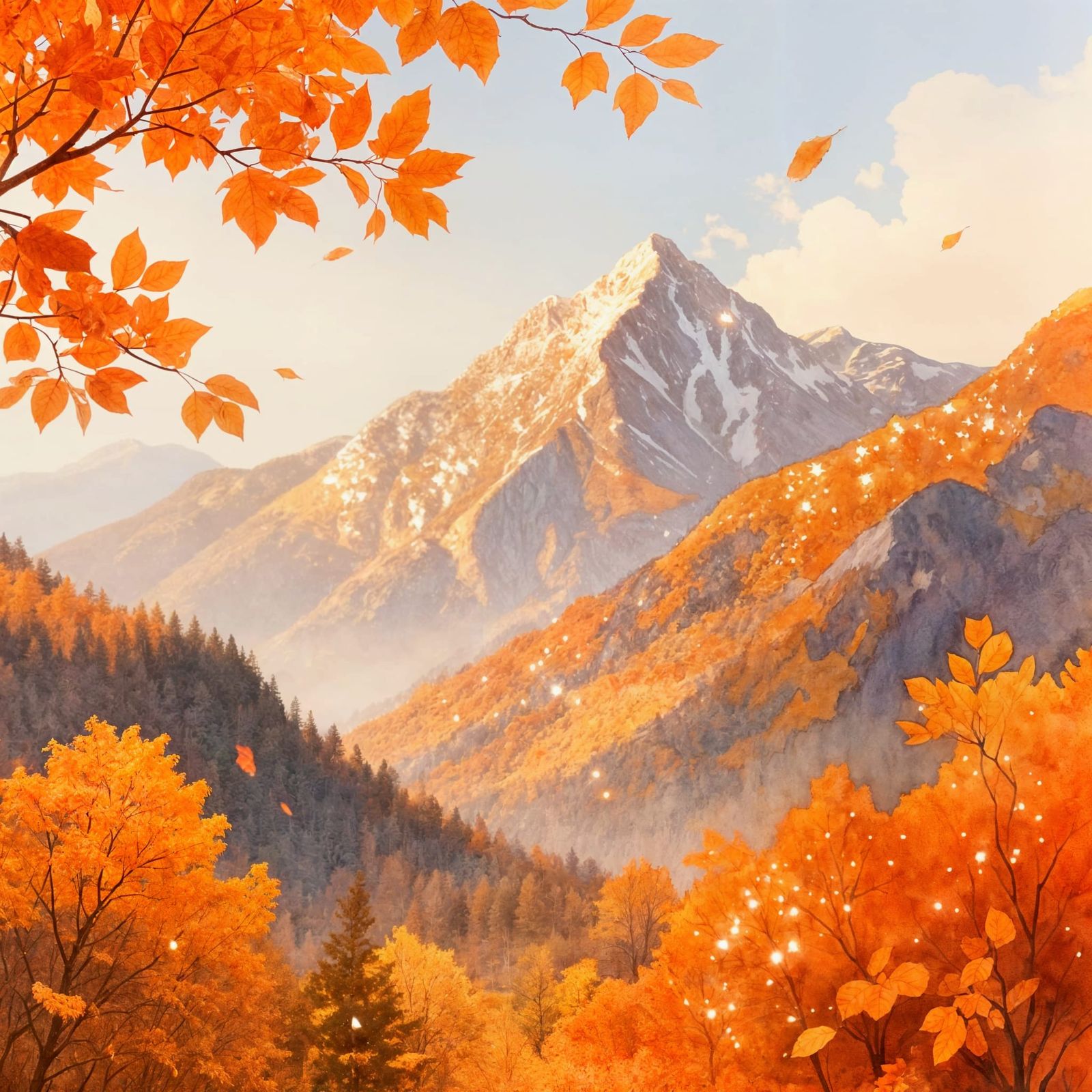 Magical Autumn Mountain Landscape Watercolor Painting