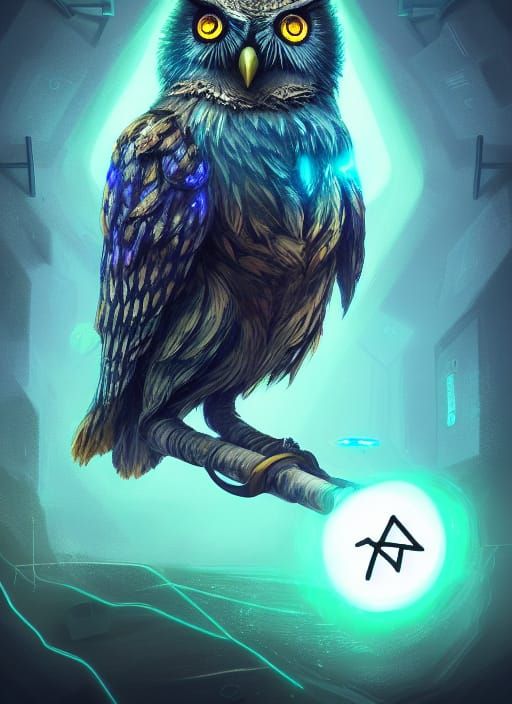 Wizard Owl in Laboratory with Glowing Runes
