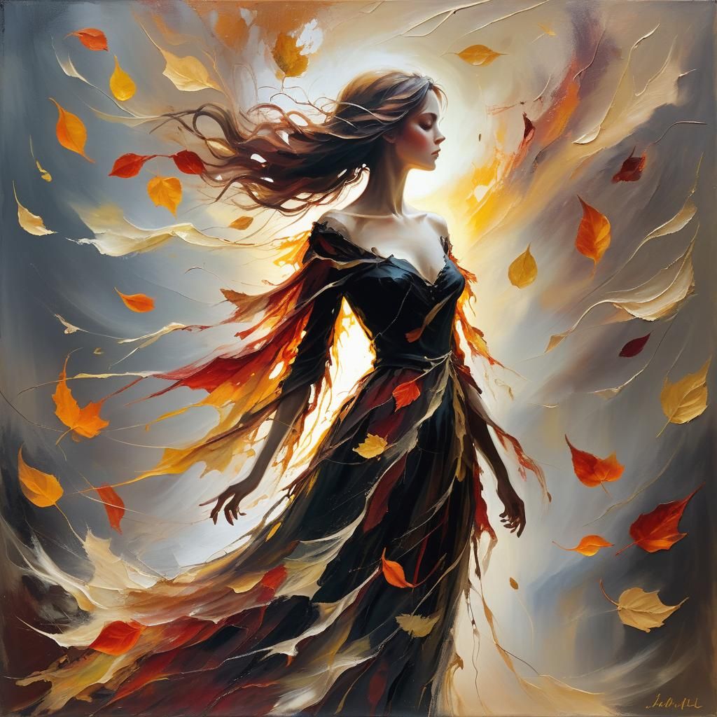 Autumn Vampire Woman in Whirling Leaves