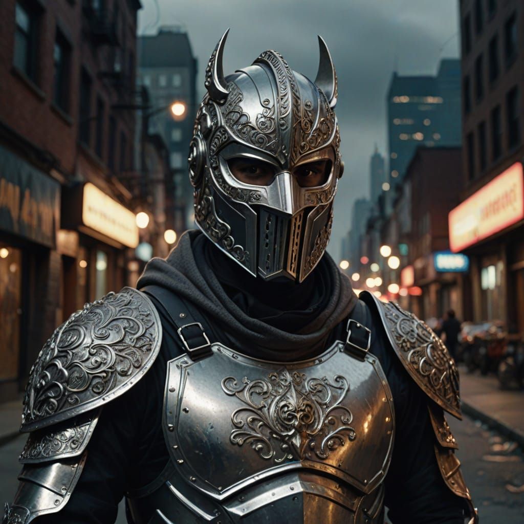 Vigilante in Silver Armor Amidst Gritty Cityscape