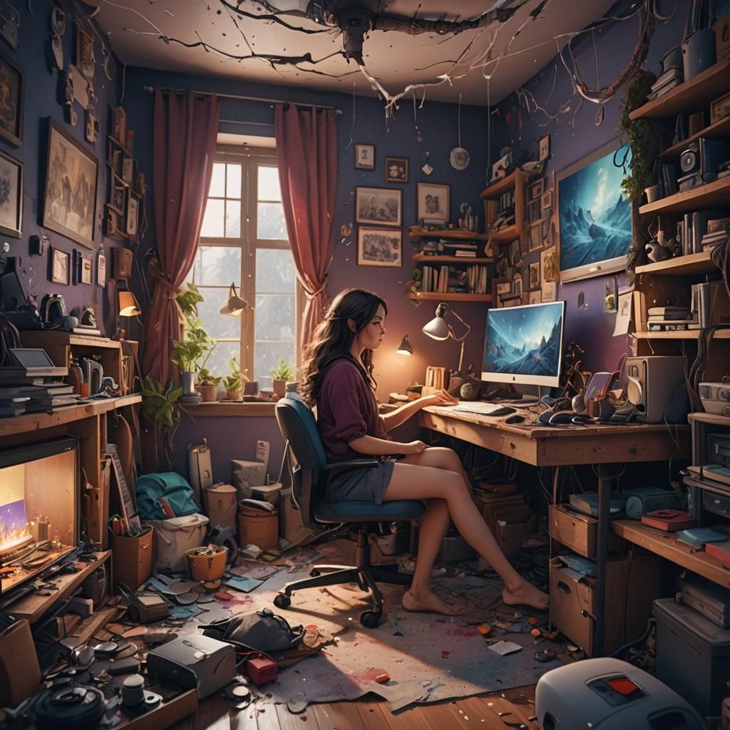 Woman in Cozy Room: Detailed Matte Painting