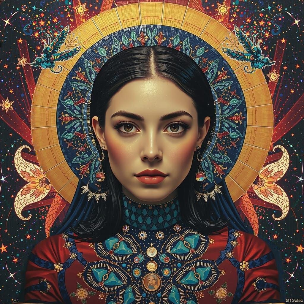 Iridescent Mosaic Woman in Starry Night Sky