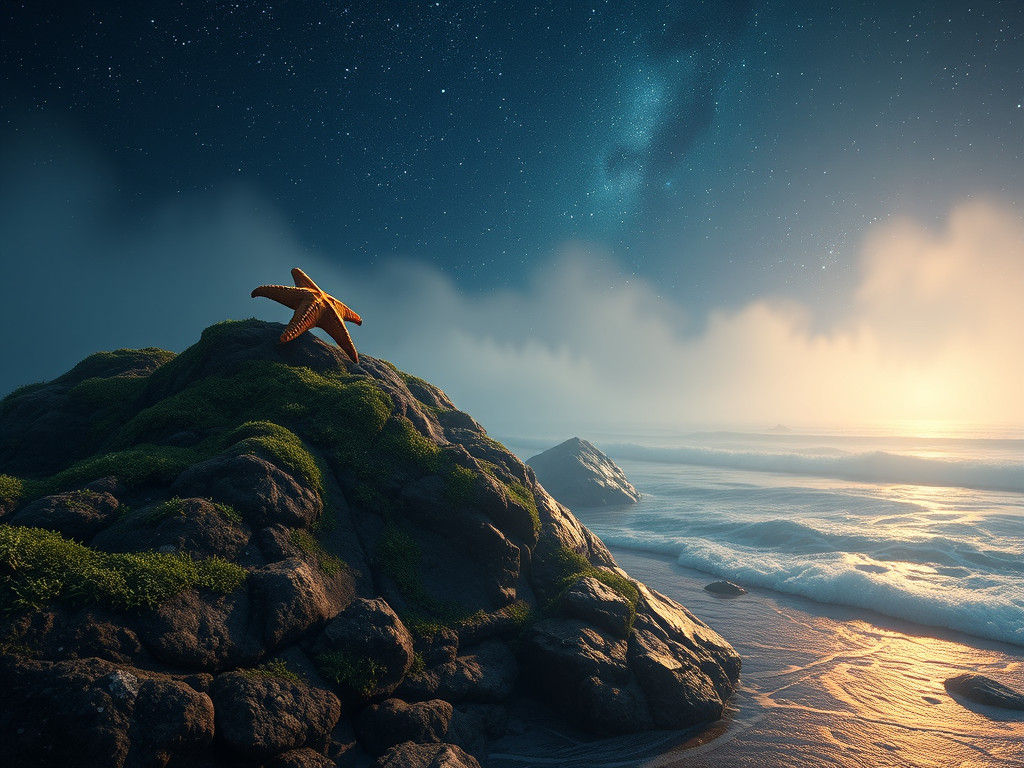 Starfish on Misty Coast Under Starry Night Sky