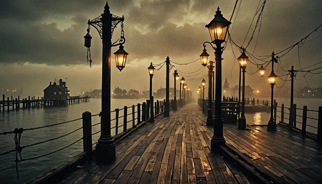 Eerie Boston Pier at Night in Gothic Horror Style