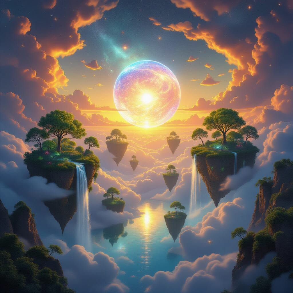 Surreal Fantasy Realm with Floating Islands and Waterfalls