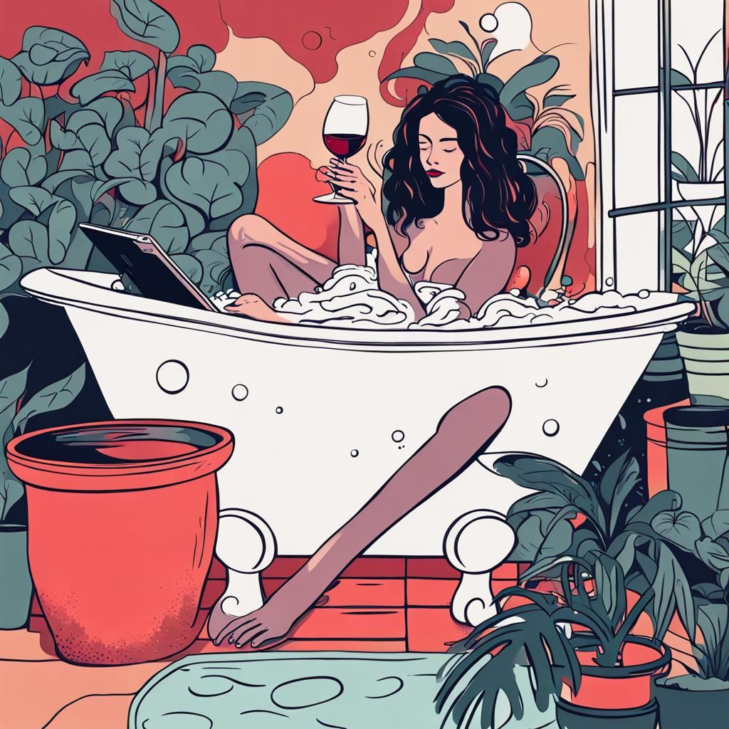 Woman in Steaming Bubble Bath with Wine