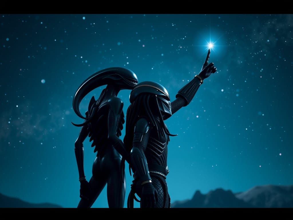 Alien and Predator Stand Together Under the Stars in a Sci-F...