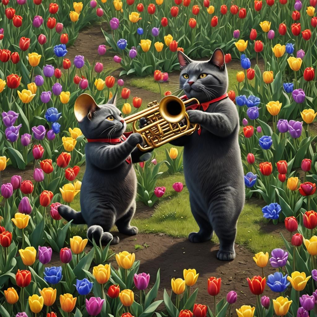 Cat Playing Trumpet in Tulips, Botero Style