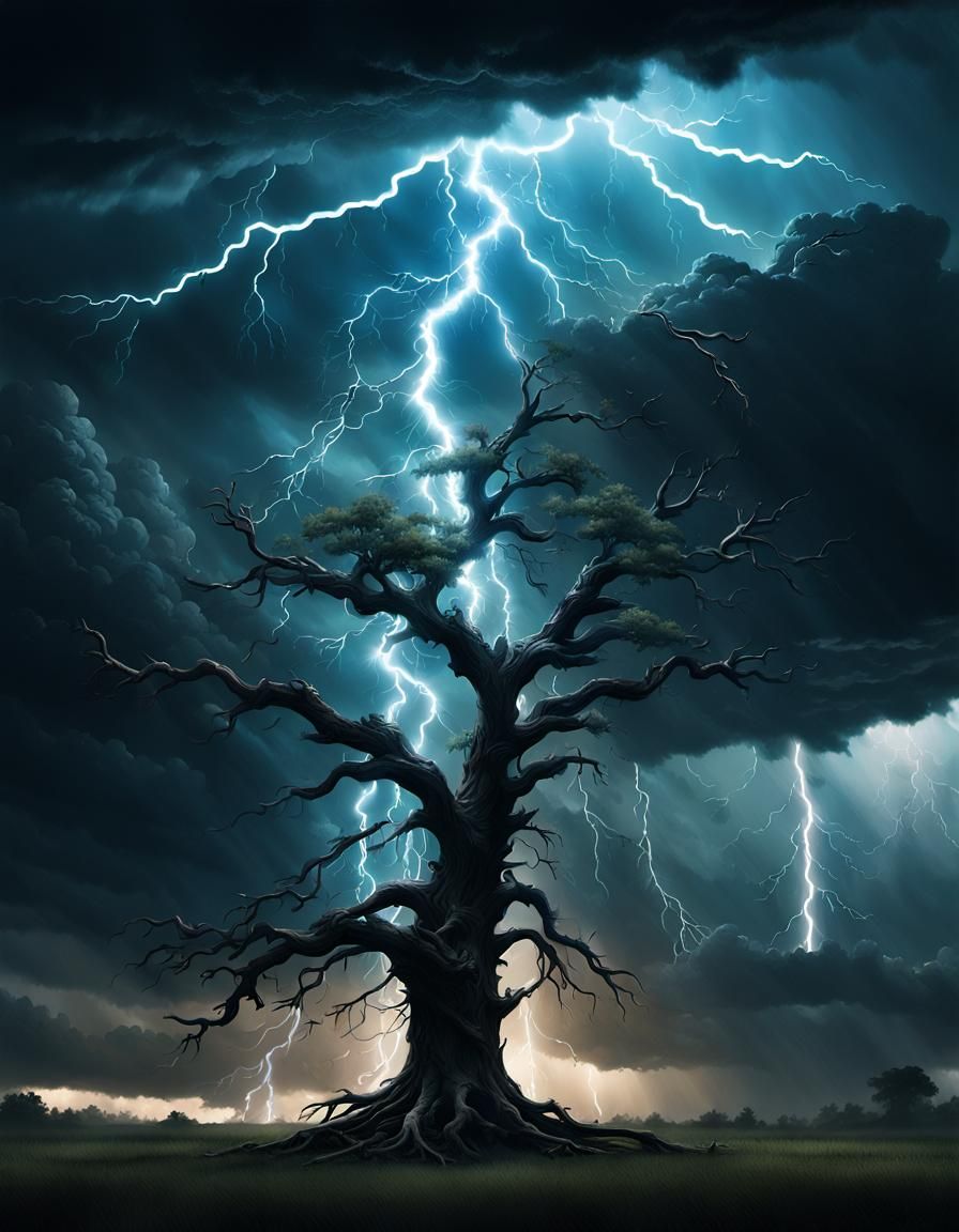 Lightning-Struck Tree: Dark Fantasy Digital Art