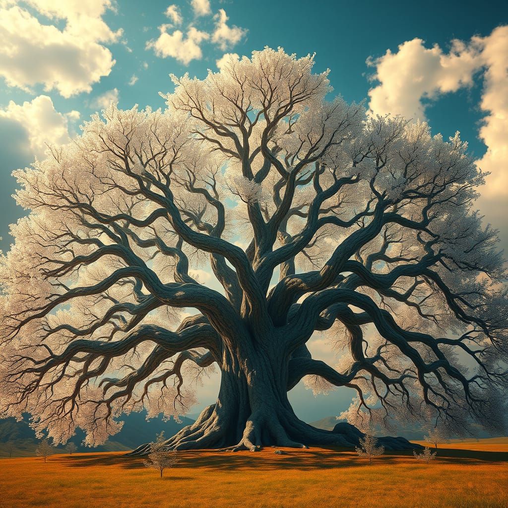 Dreamlike Fractal Tree in a Vibrant, Celestial Landscape