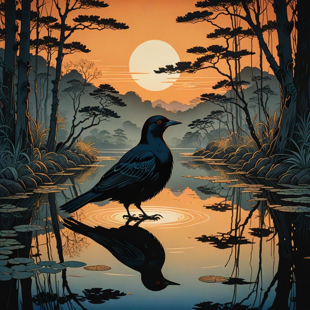 Mysterious Black Bird Contemplates Golden Sunset Reflections...