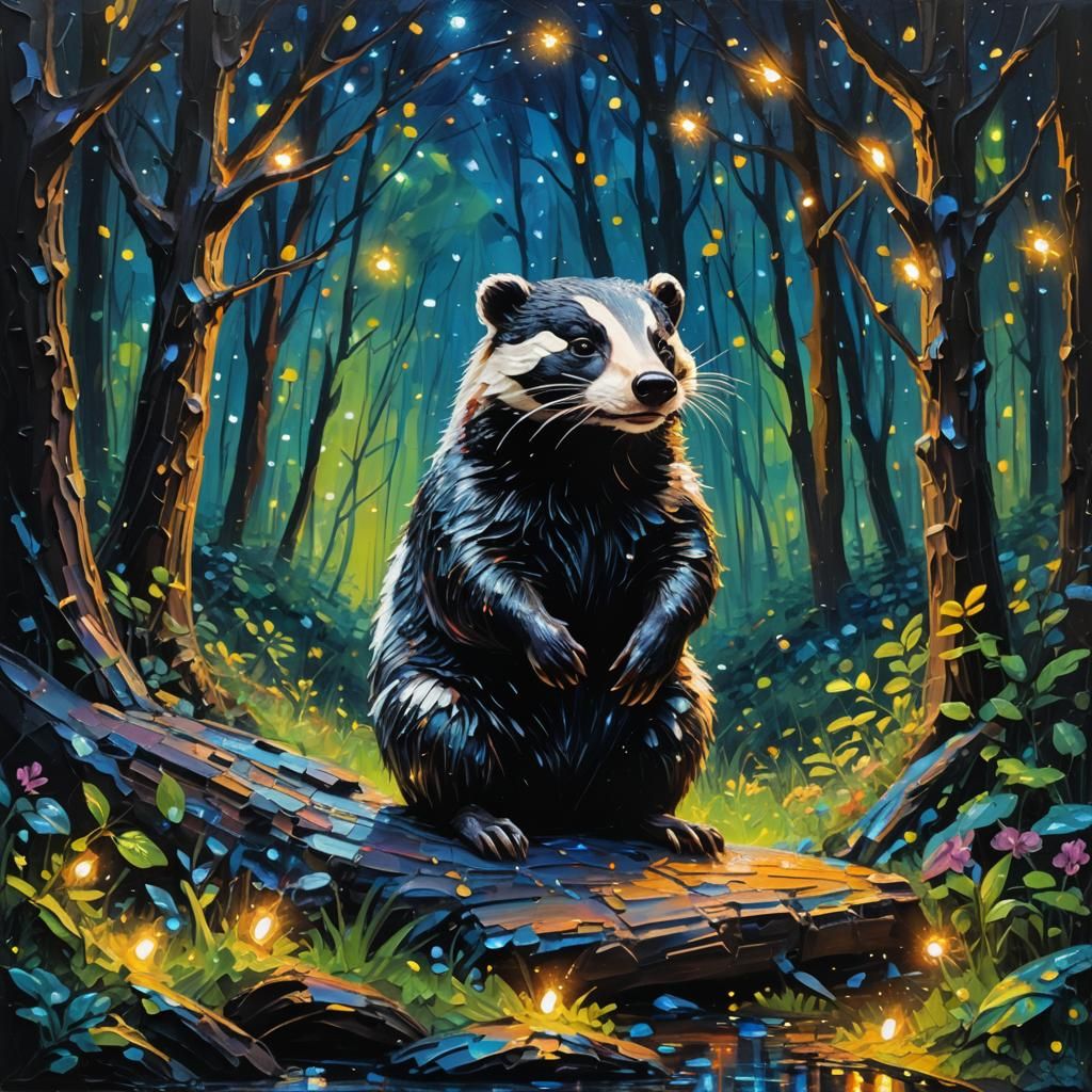 Illuminated Badger in Enchanted Forest: Impasto Painting