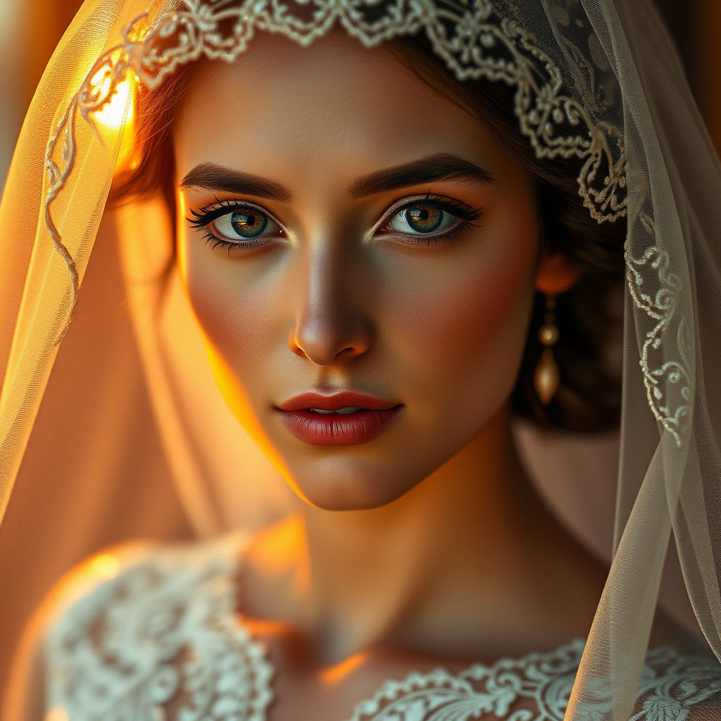 Beautiful Bride with Enigmatic Expression in Golden Light