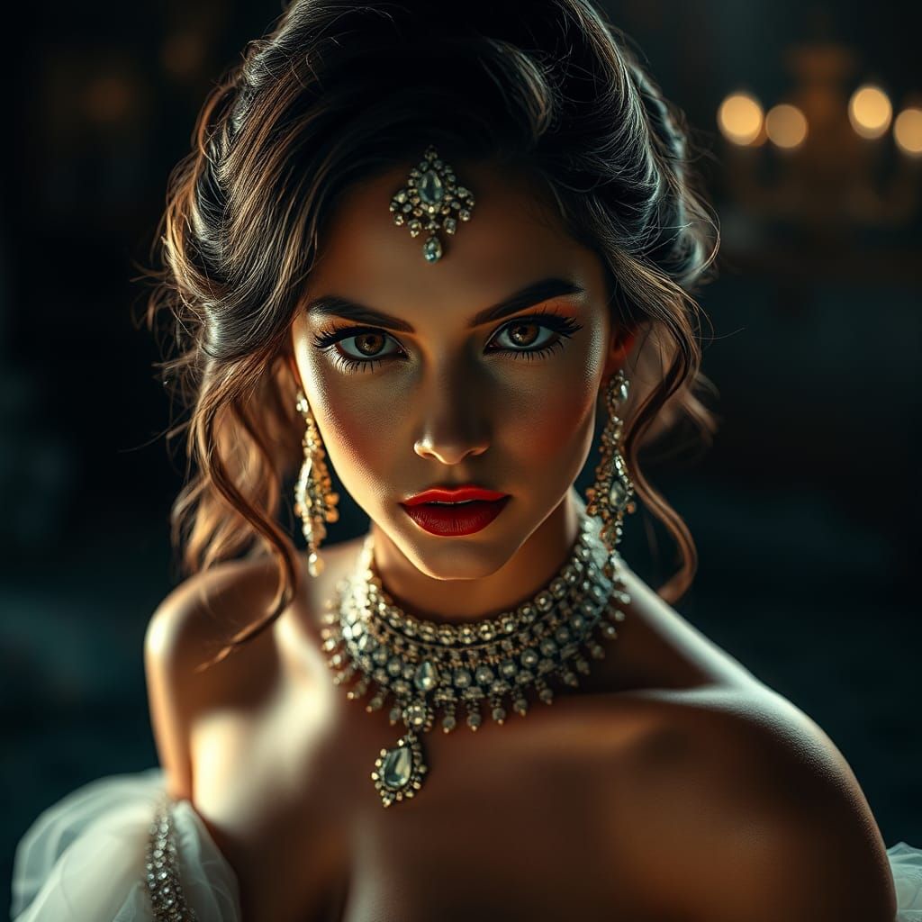 Dramatic Portrait of Woman with Jewelry in Hyperrealism