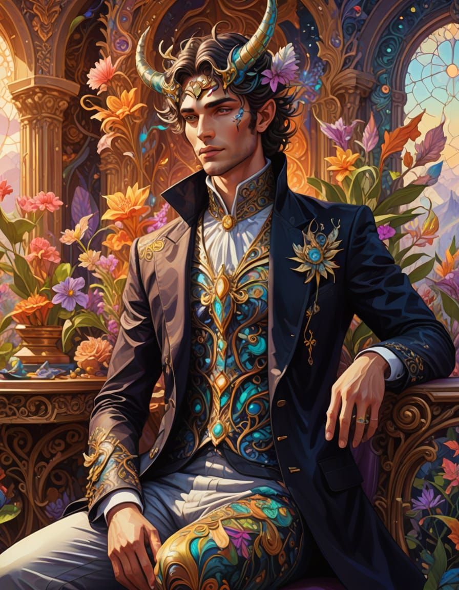 Surreal Fantasy Demon Man in Vibrant Landscape