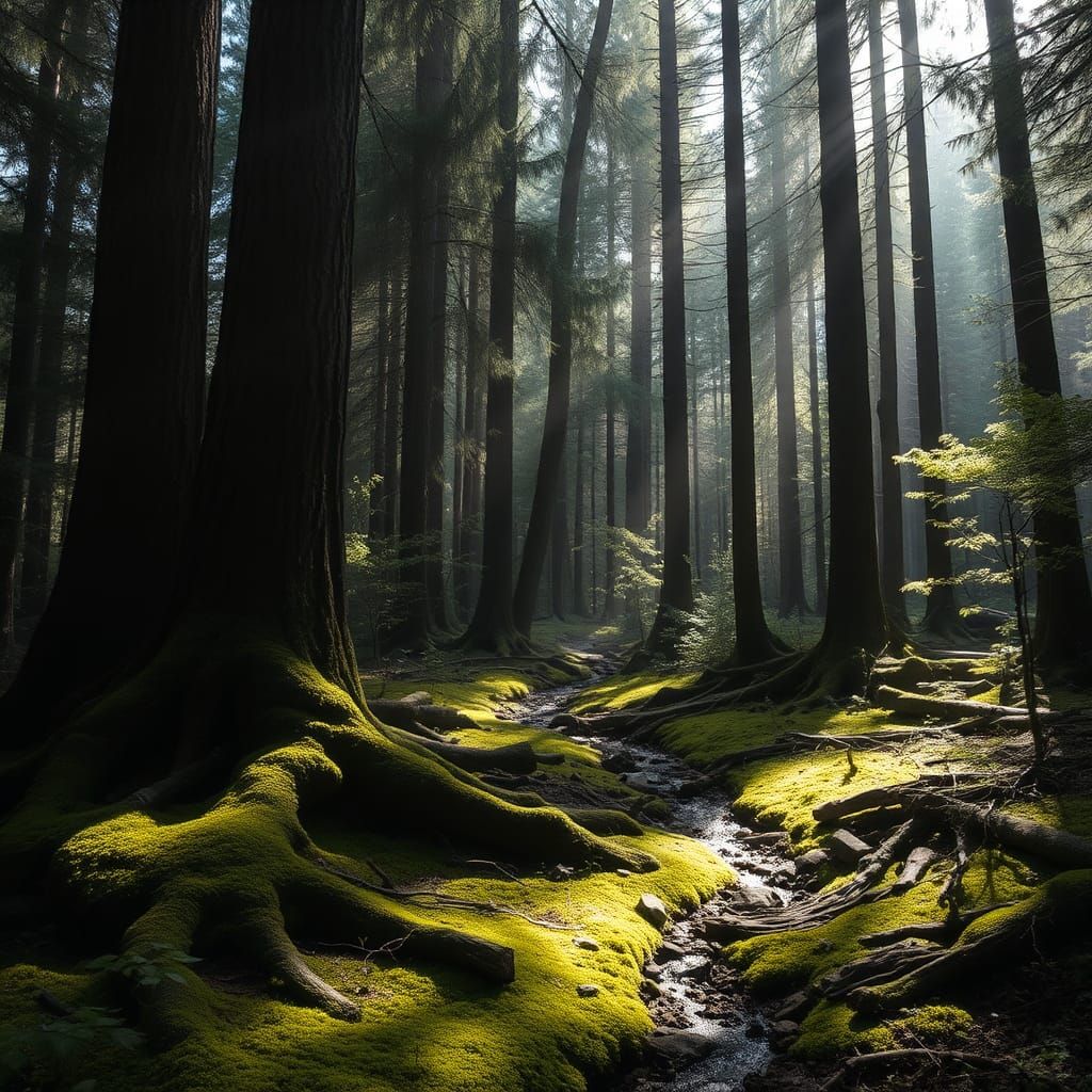 Enchanted Forest with Sunlight Streaming Through Trees